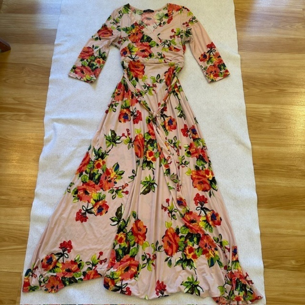 Janette Fashion Floral Wrap Maxi Dress Pink S Quarter Sleeve Belted Wedding Boho